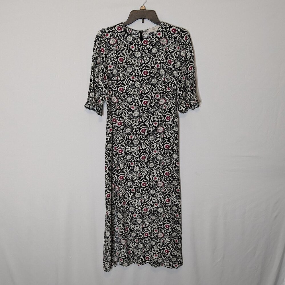 LOFT Black & White Floral, Short Ruffle Sleeve, A-Line Midi Dress; Size 4